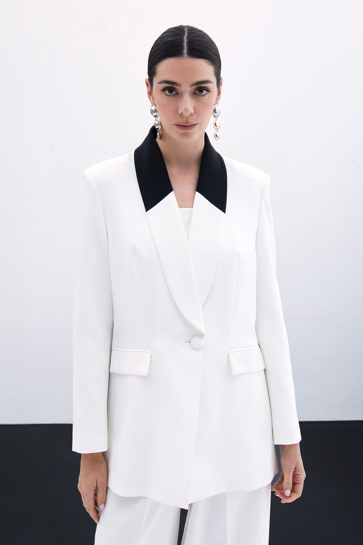 Kontrast Uzun Ceket - Ekru