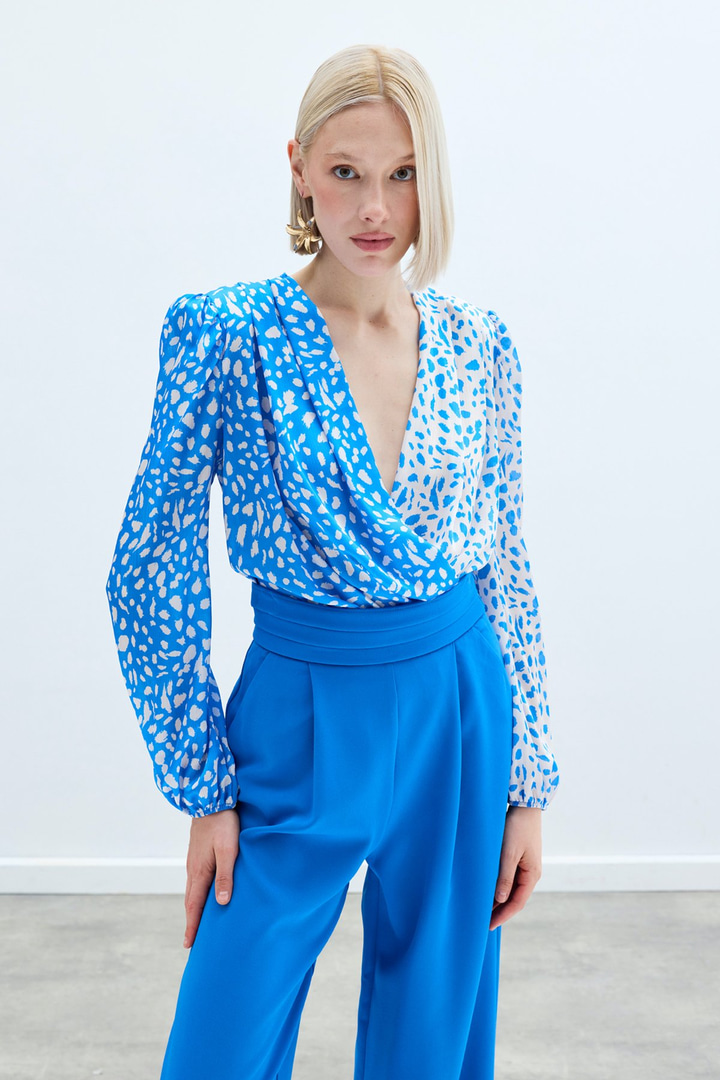 Kruvaze Desenli Bodysuit - Ekru-Lacivert