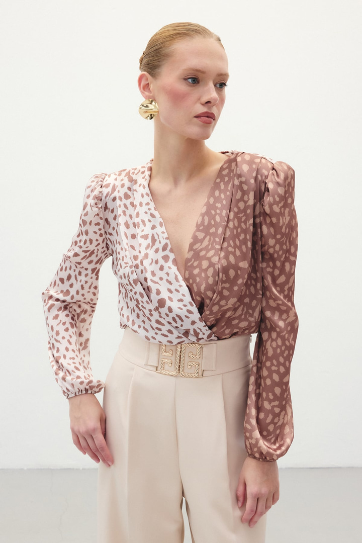 Kruvaze Desenli Bodysuit - Kahve-Bej