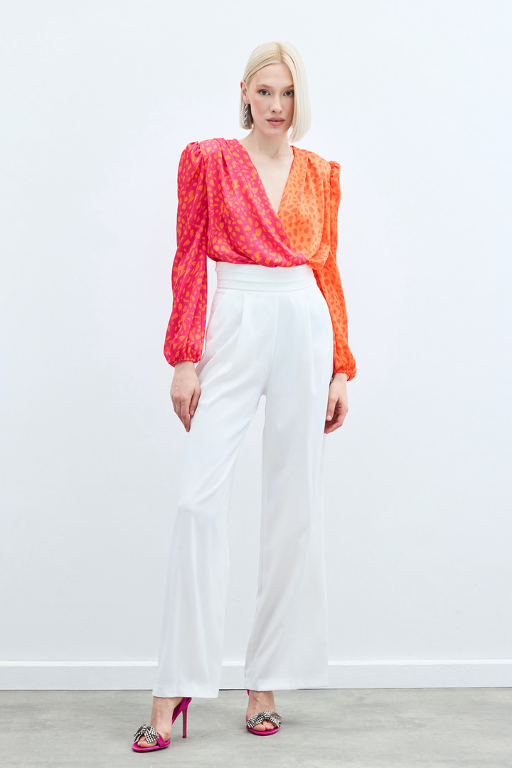 Kruvaze Desenli Bodysuit - Oranj-Fuşya