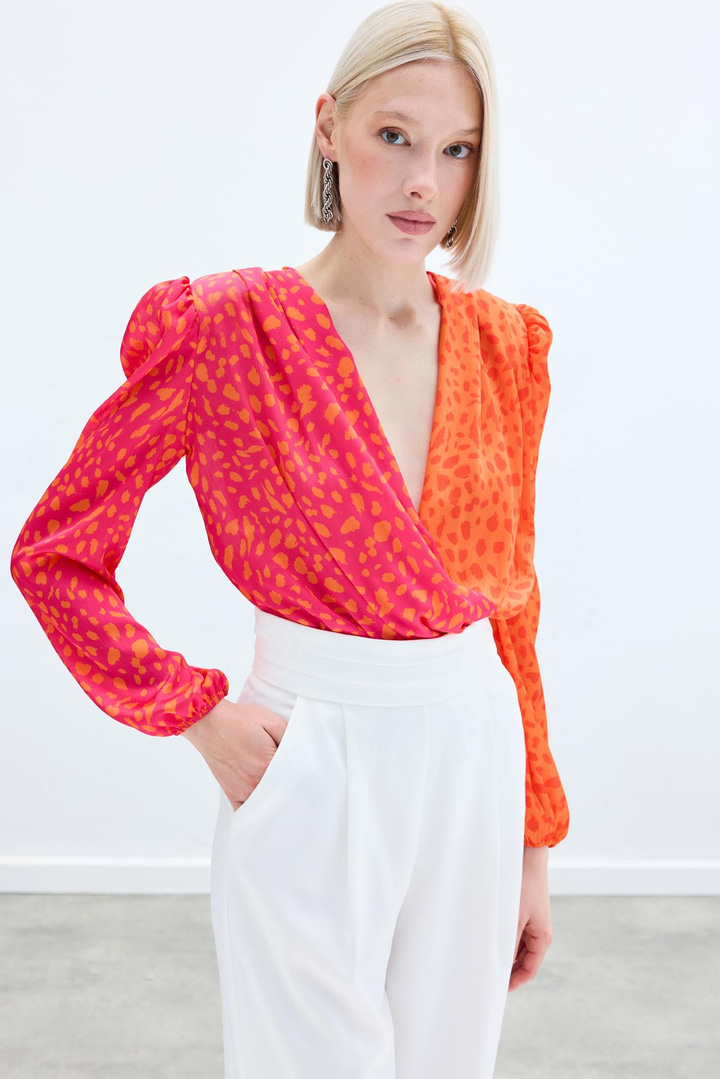 Kruvaze Desenli Bodysuit - Oranj-Fuşya