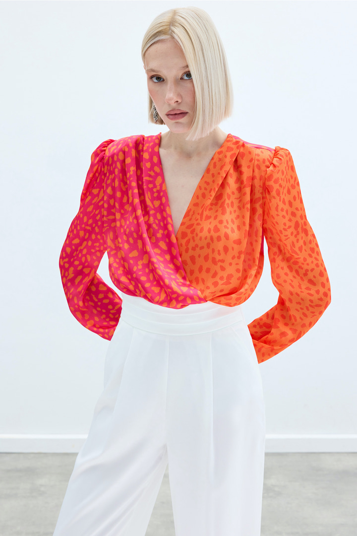 Kruvaze Desenli Bodysuit - Oranj-Fuşya
