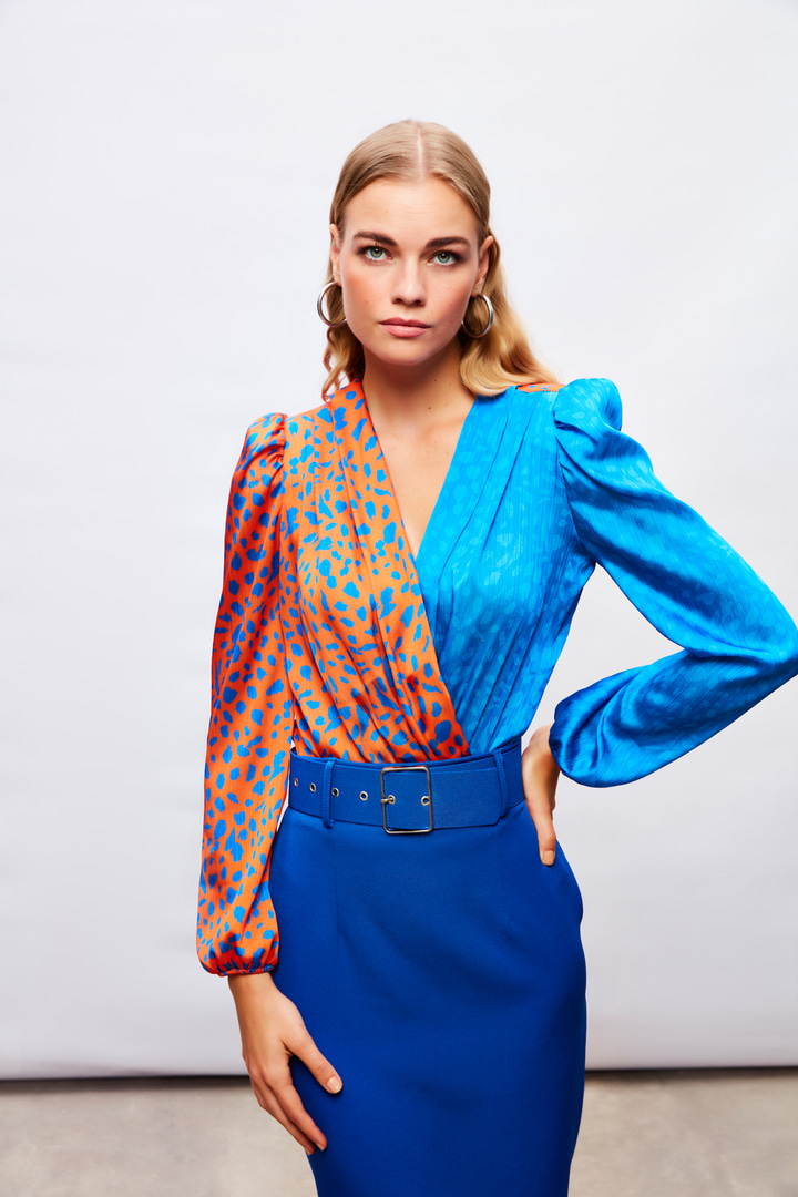 Kruvaze Desenli Bodysuit - Oranj-Sax Mavi