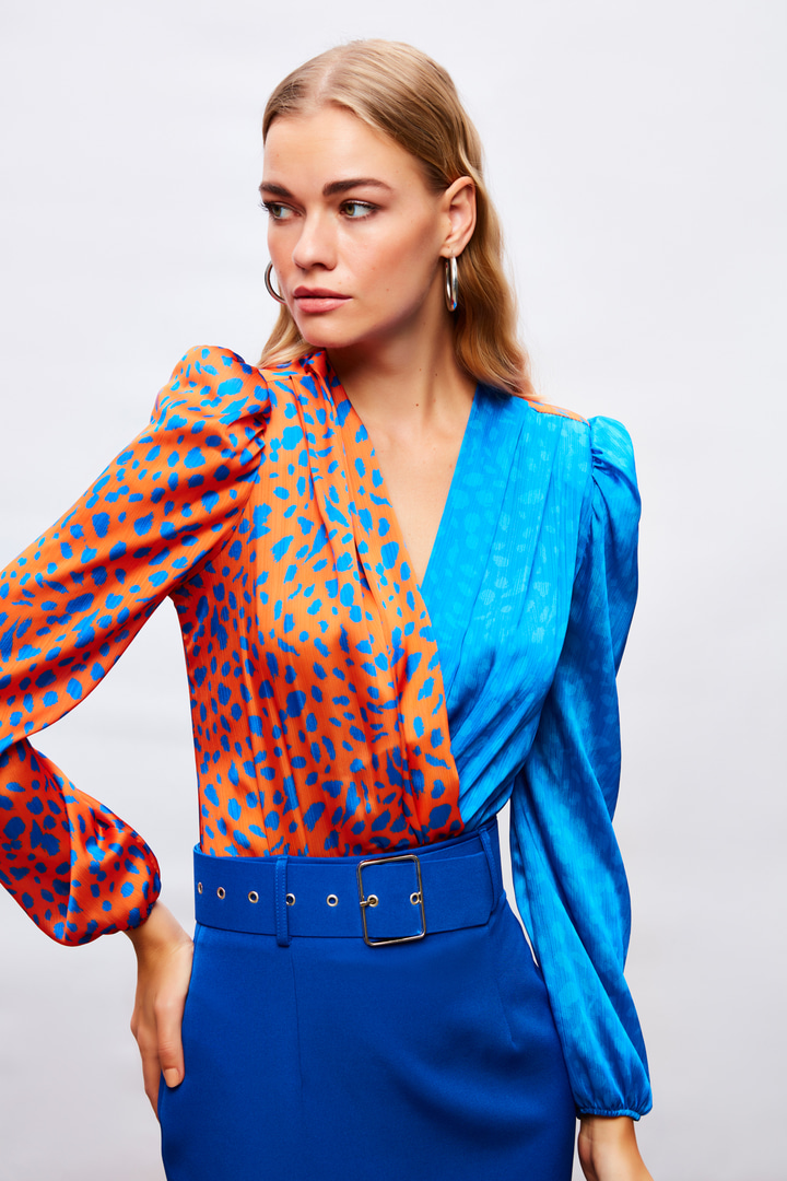 Kruvaze Desenli Bodysuit - Oranj-Sax Mavi