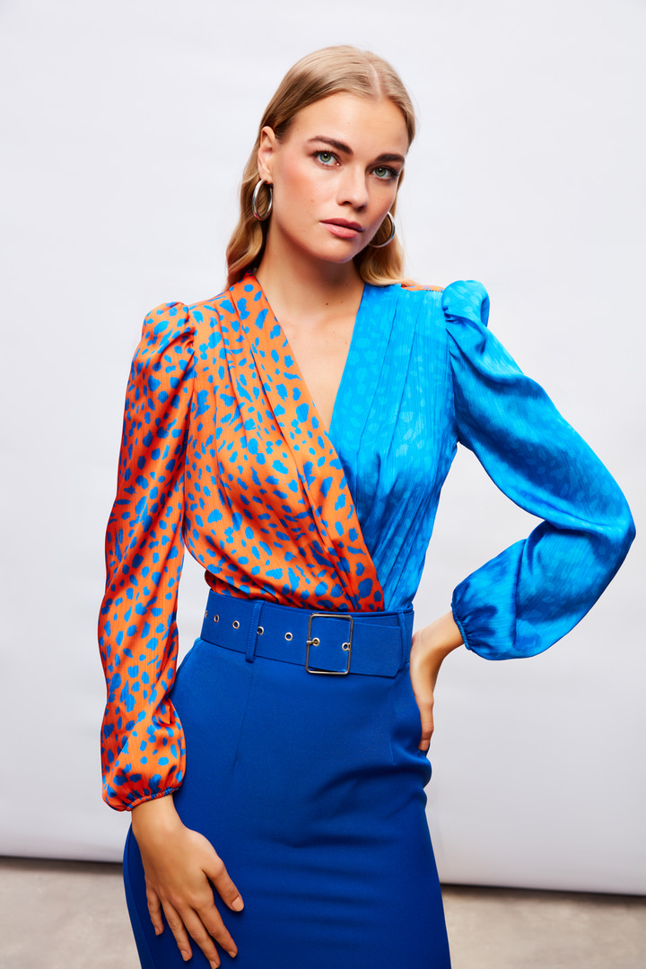 Kruvaze Desenli Bodysuit - Oranj-Sax Mavi