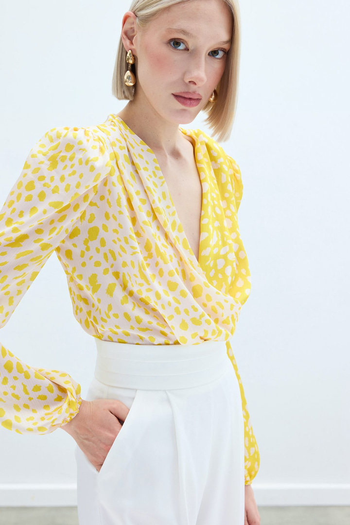 Kruvaze Desenli Bodysuit - Sarı-Ekru