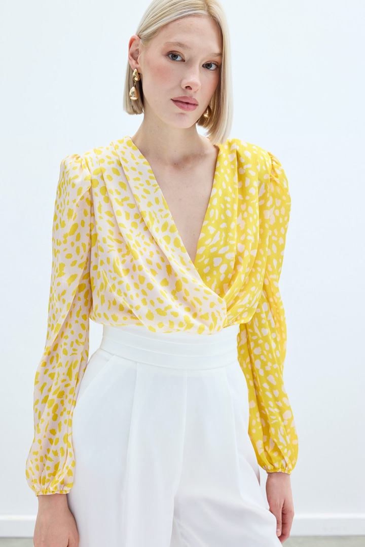 Kruvaze Desenli Bodysuit - Sarı-Ekru