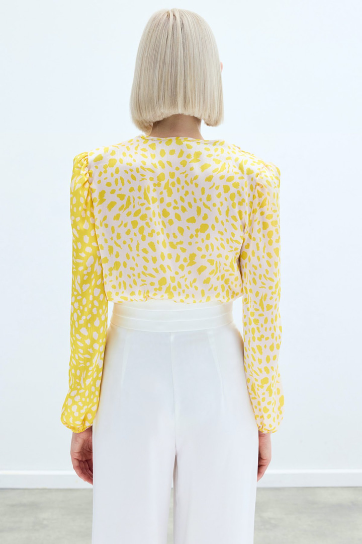 Kruvaze Desenli Bodysuit - Sarı-Ekru