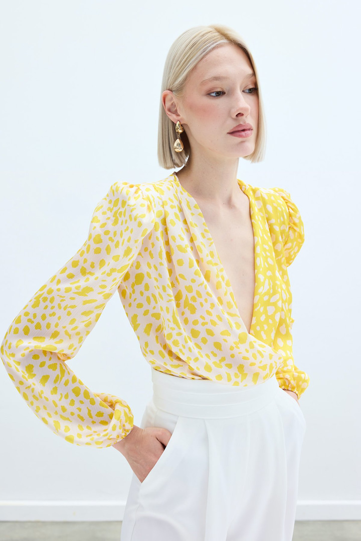 Kruvaze Desenli Bodysuit - Sarı-Ekru