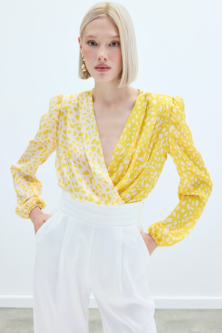 Kruvaze Desenli Bodysuit - Sarı-Ekru
