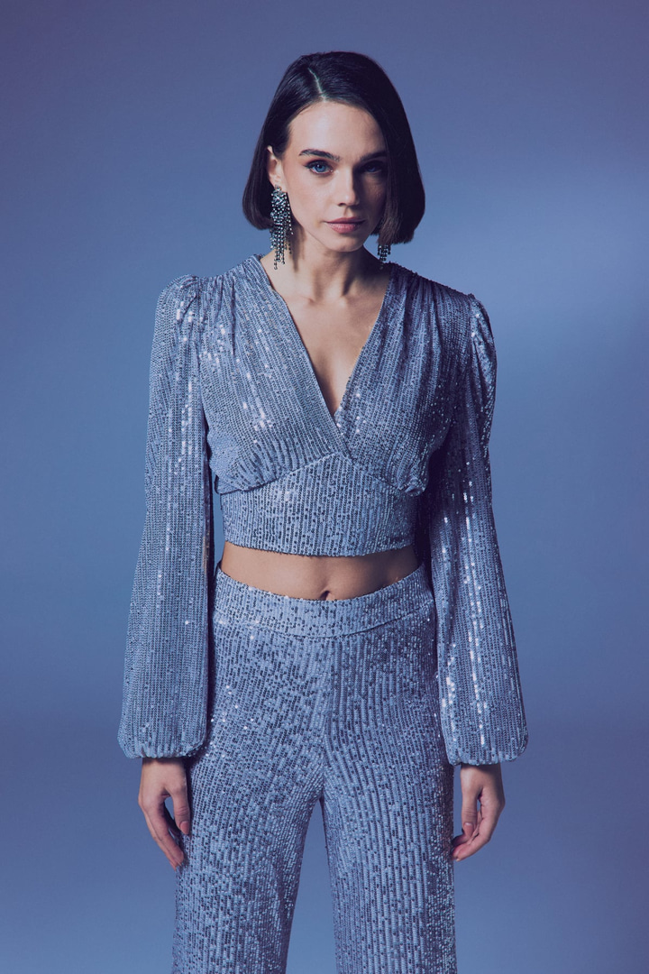 Kruvaze Payetli Crop Bluz - Gümüş