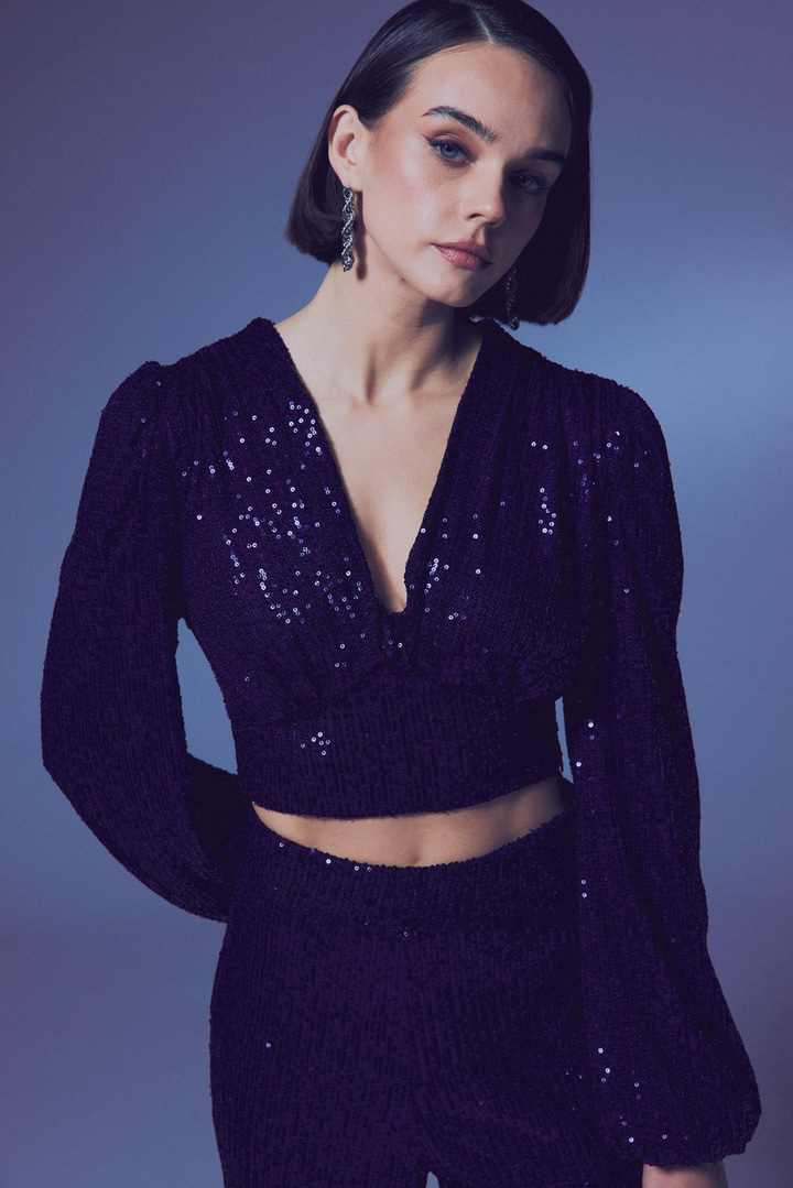 Kruvaze Payetli Crop Bluz - Lacivert