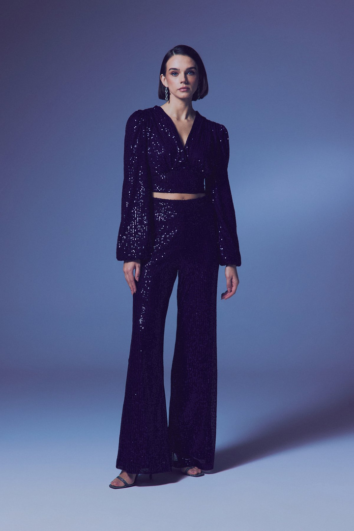 Kruvaze Payetli Crop Bluz - Lacivert