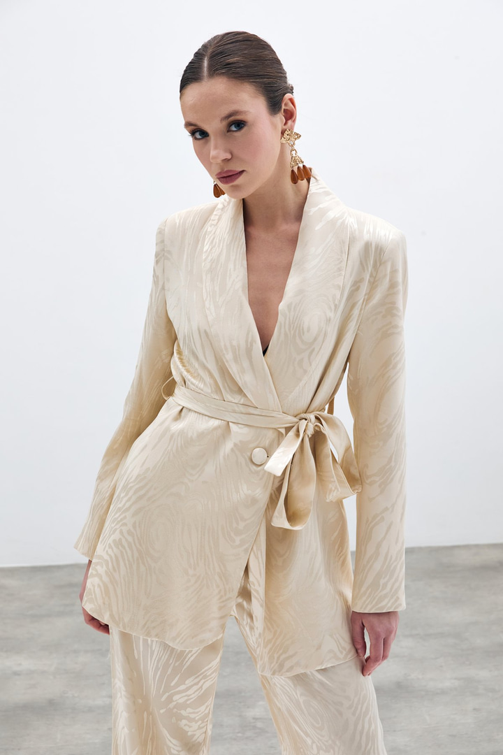 Kuşaklı Desenli Uzun Ceket - Taş