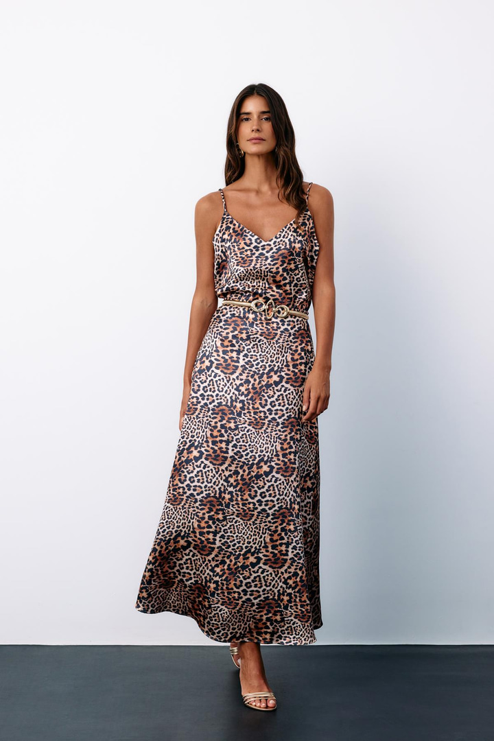 Leopar Desenli Saten Etek - Kahve