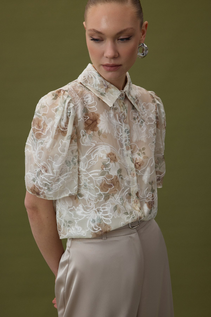 Nakışlı Kısa Kollu Gömlek - Vizon