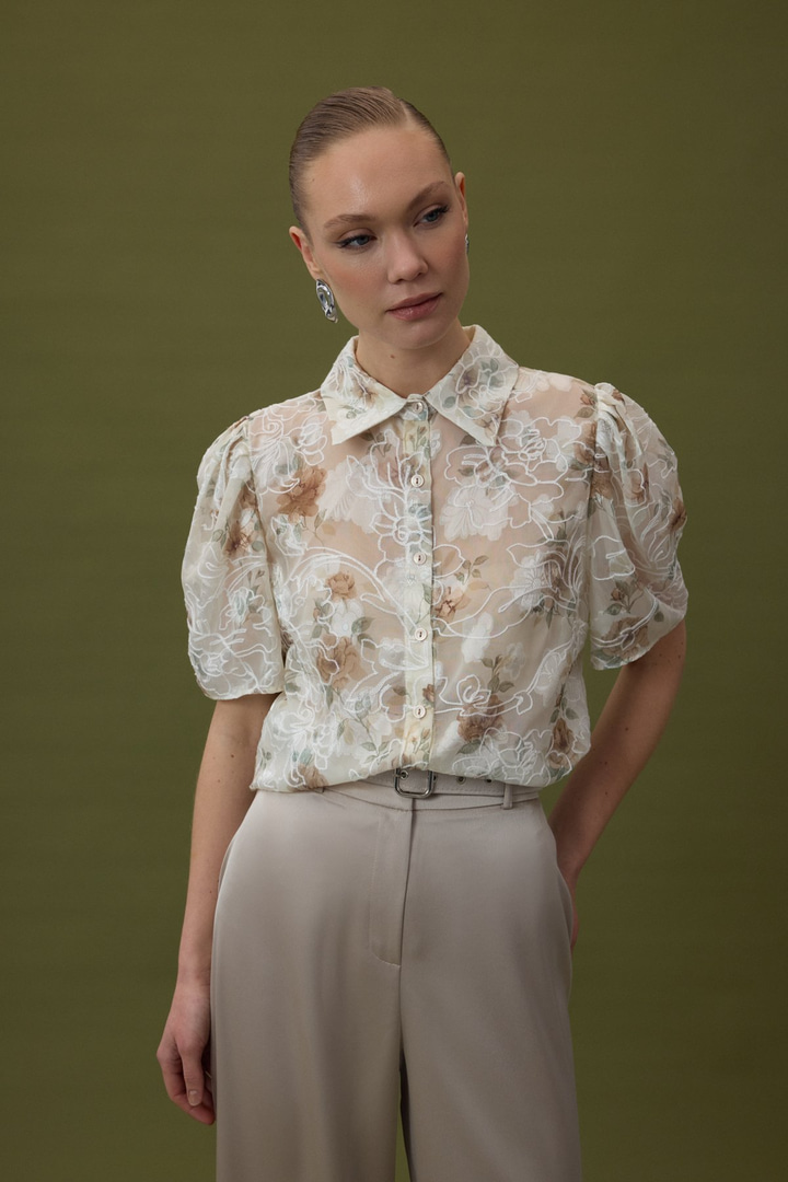 Nakışlı Kısa Kollu Gömlek - Vizon