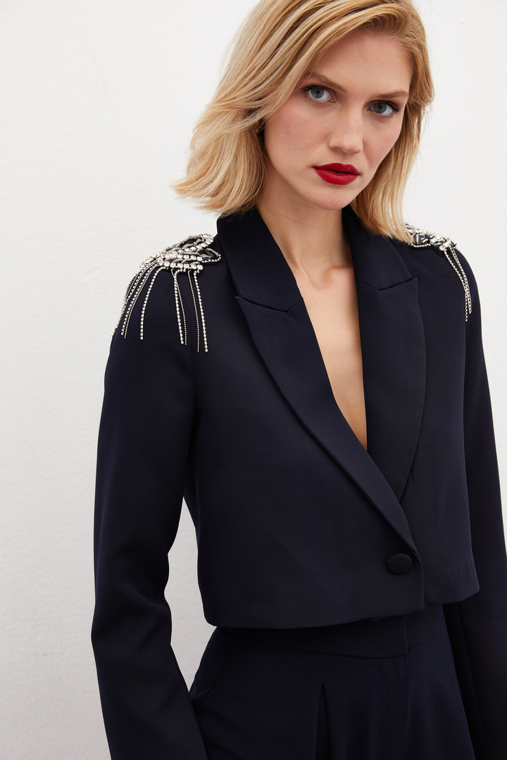 Omuz Aksesuarlı Kısa Ceket - Lacivert