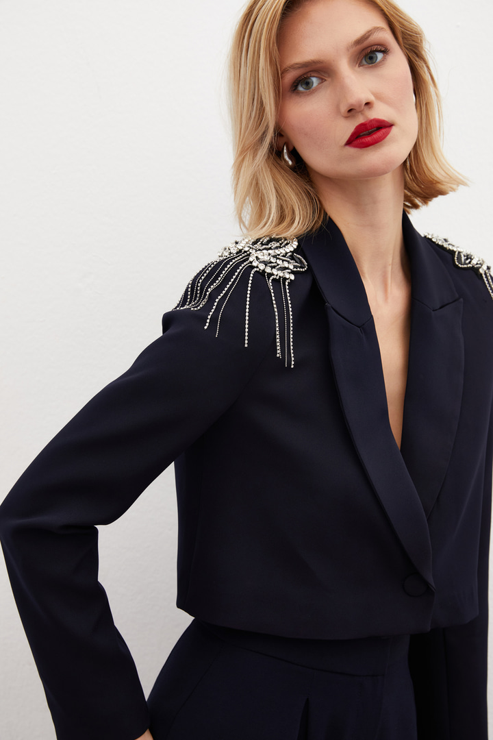 Omuz Aksesuarlı Kısa Ceket - Lacivert