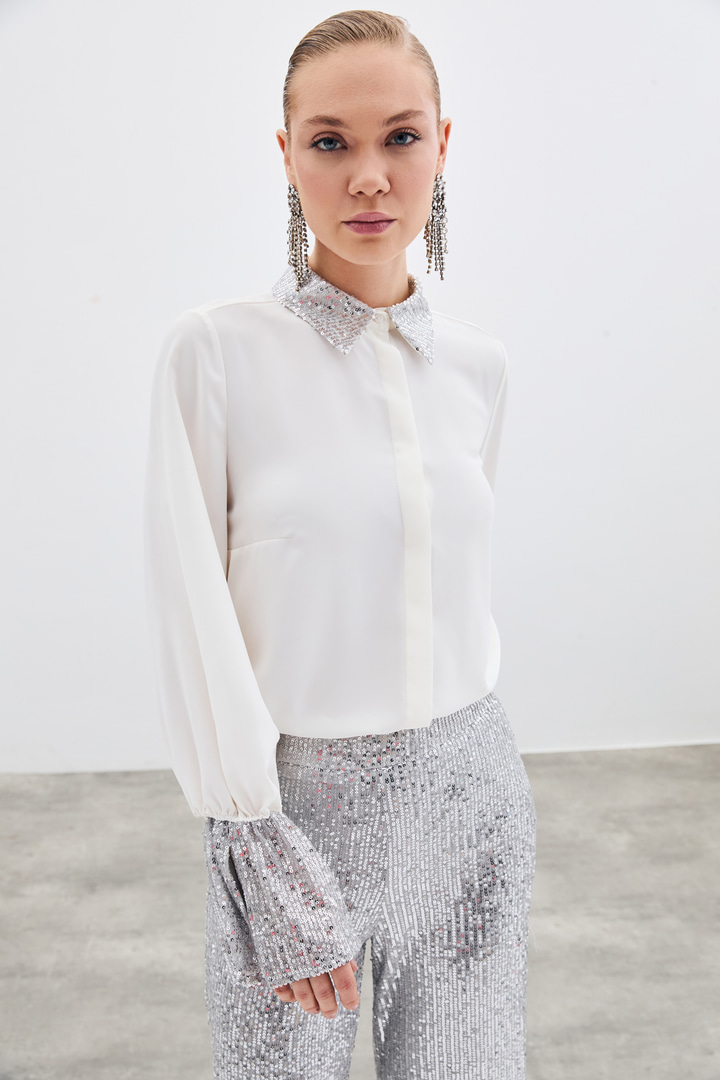 Payet Detaylı Gömlek - Ekru
