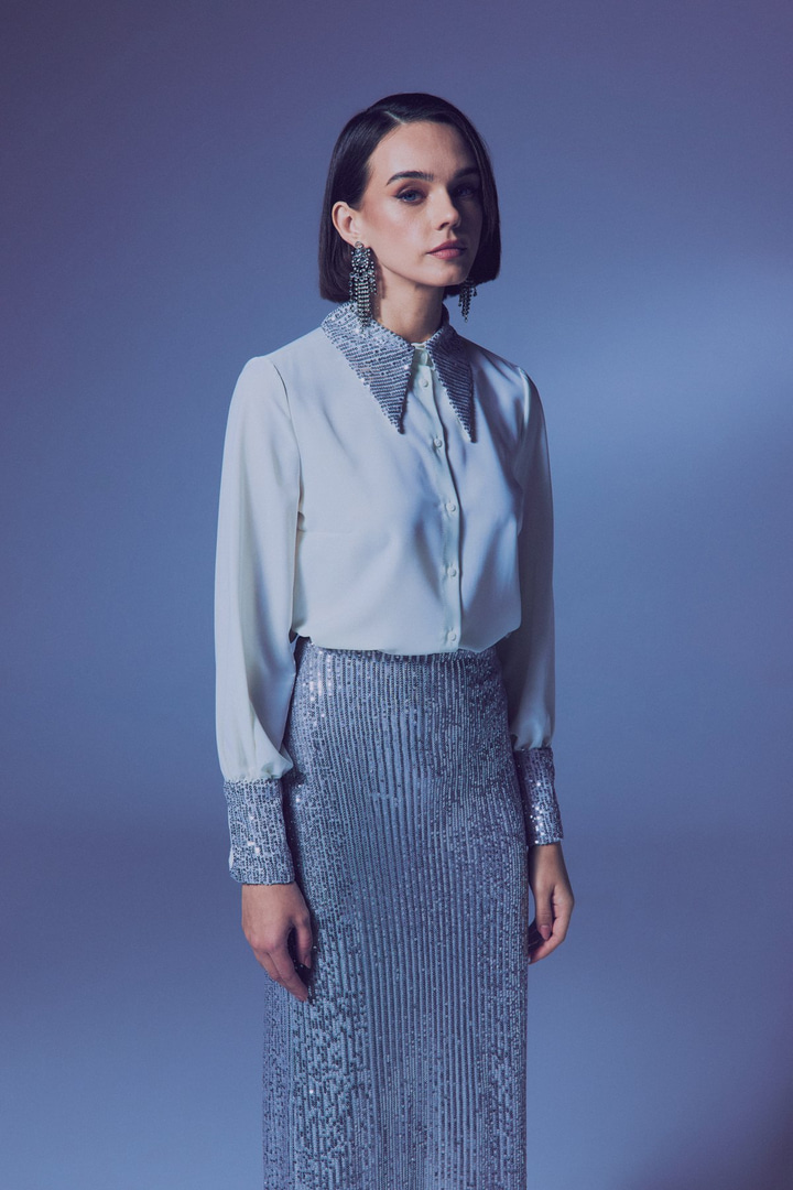 Payet Detaylı Gömlek - Ekru-Gümüş