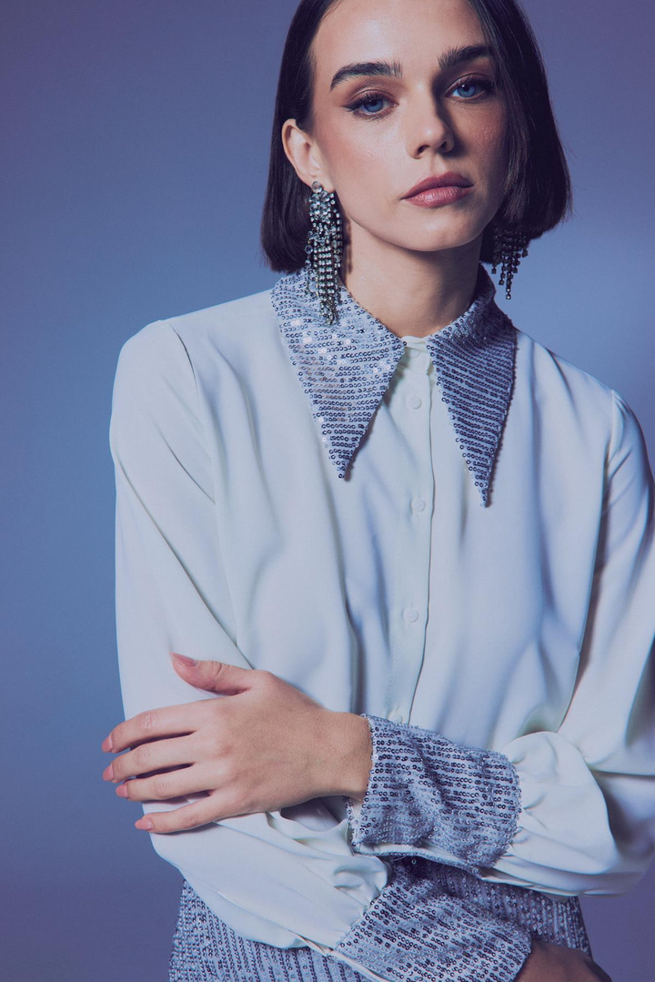 Payet Detaylı Gömlek - Ekru-Gümüş