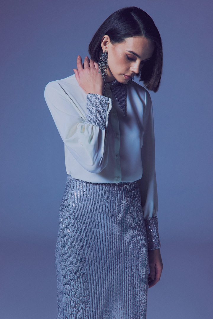 Payet Detaylı Gömlek - Ekru-Gümüş