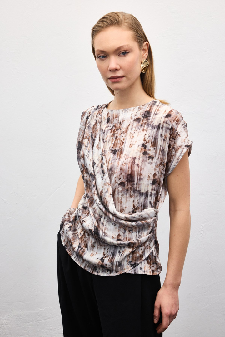 Pileli Kolsuz Bluz - Kahve