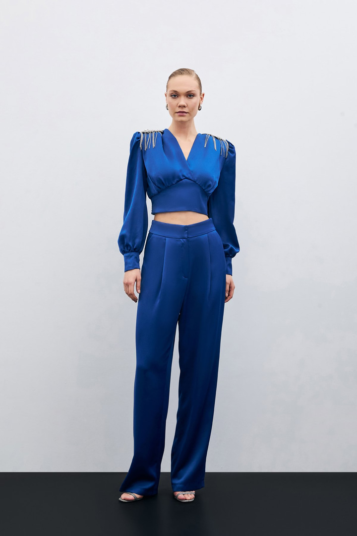 Pileli Saten Krep Pantolon - İndigo