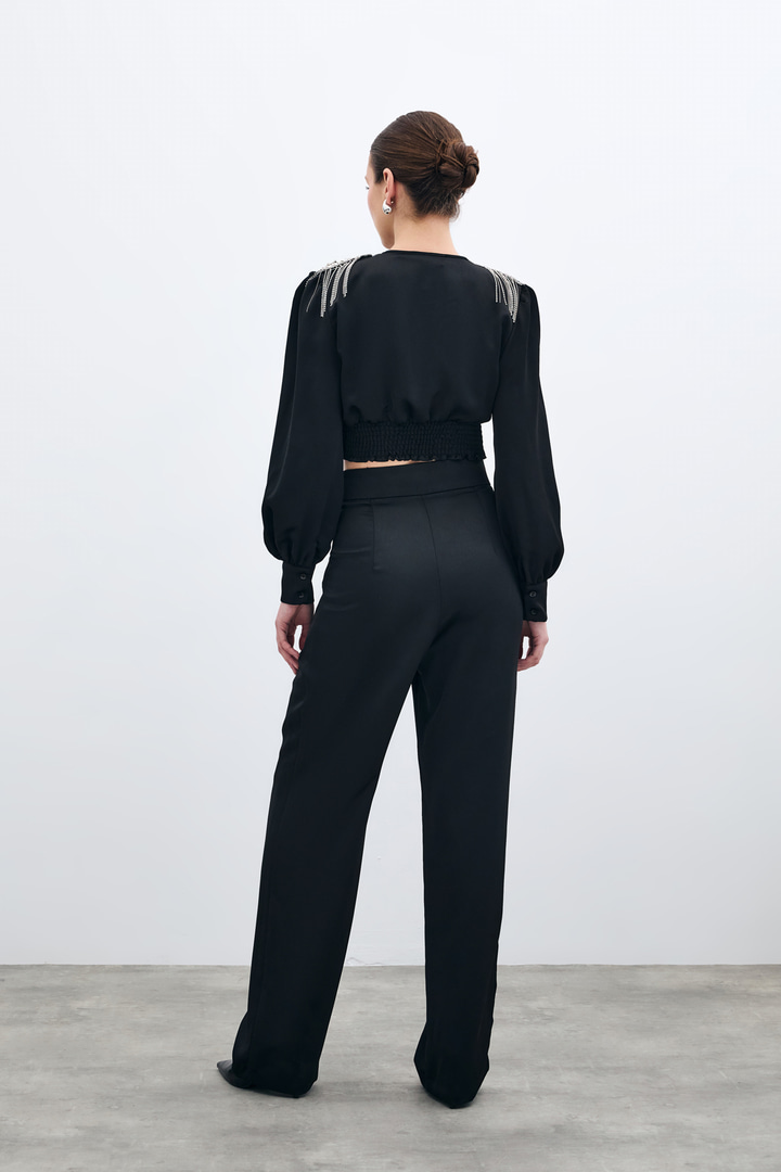 Pileli Saten Krep Pantolon - Siyah