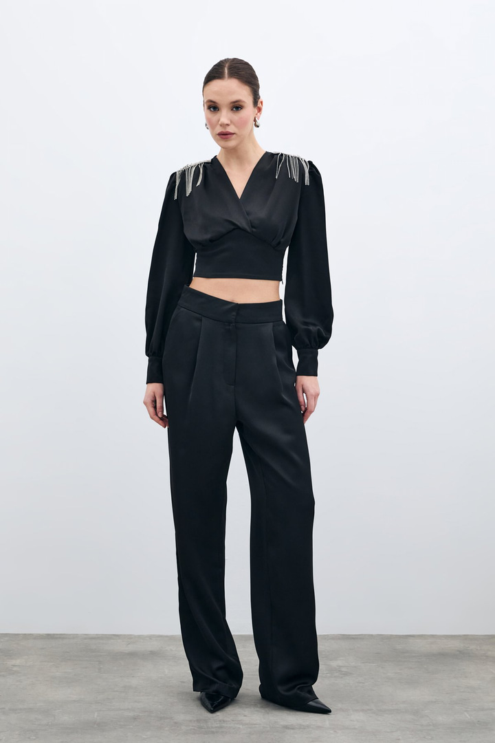 Pileli Saten Krep Pantolon - Siyah