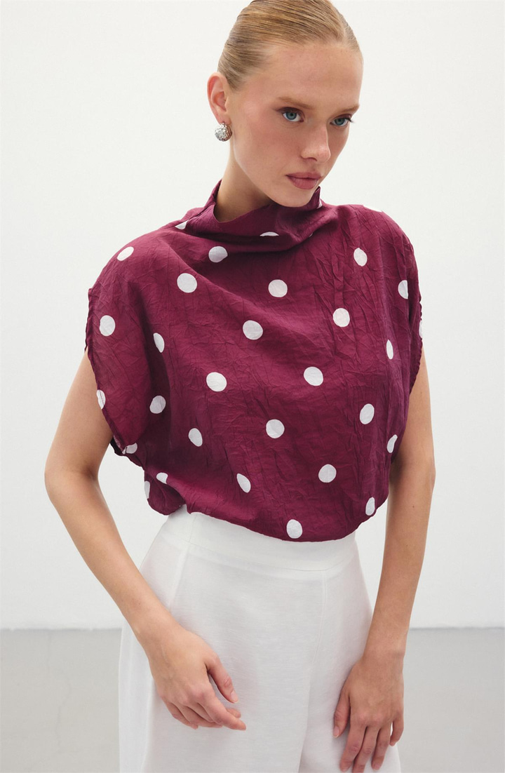 Puantiye Desenli Bluz - Bordo