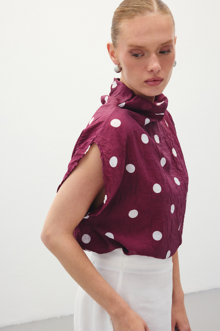 Puantiye Desenli Bluz - Bordo