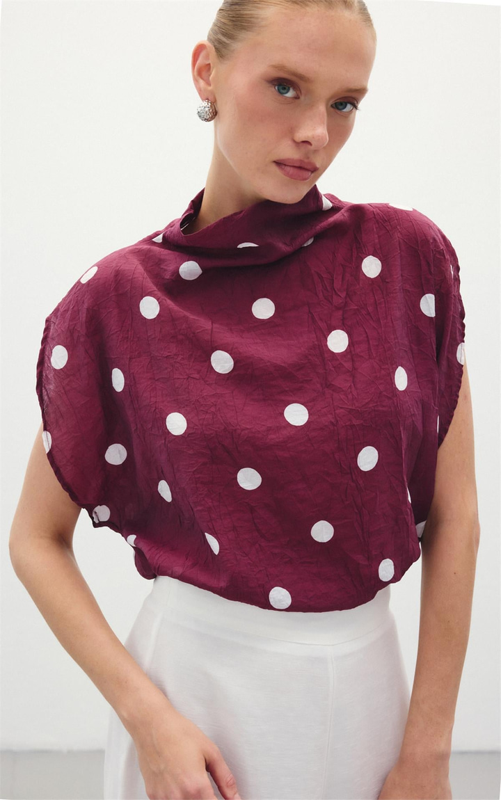 Puantiye Desenli Bluz - Bordo