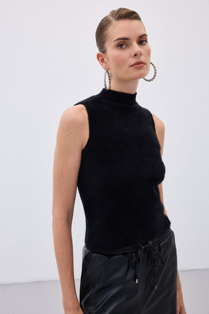 Sıfır Kol Sakallı Triko Bluz - Siyah