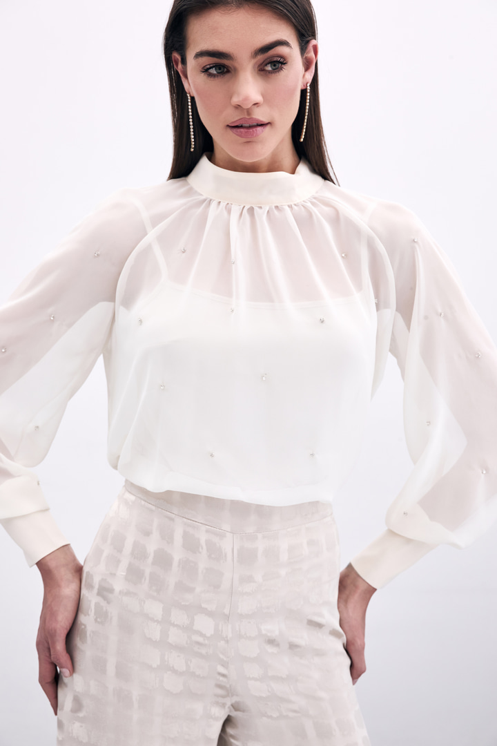 Taş Detaylı Transparan Bluz - Krem