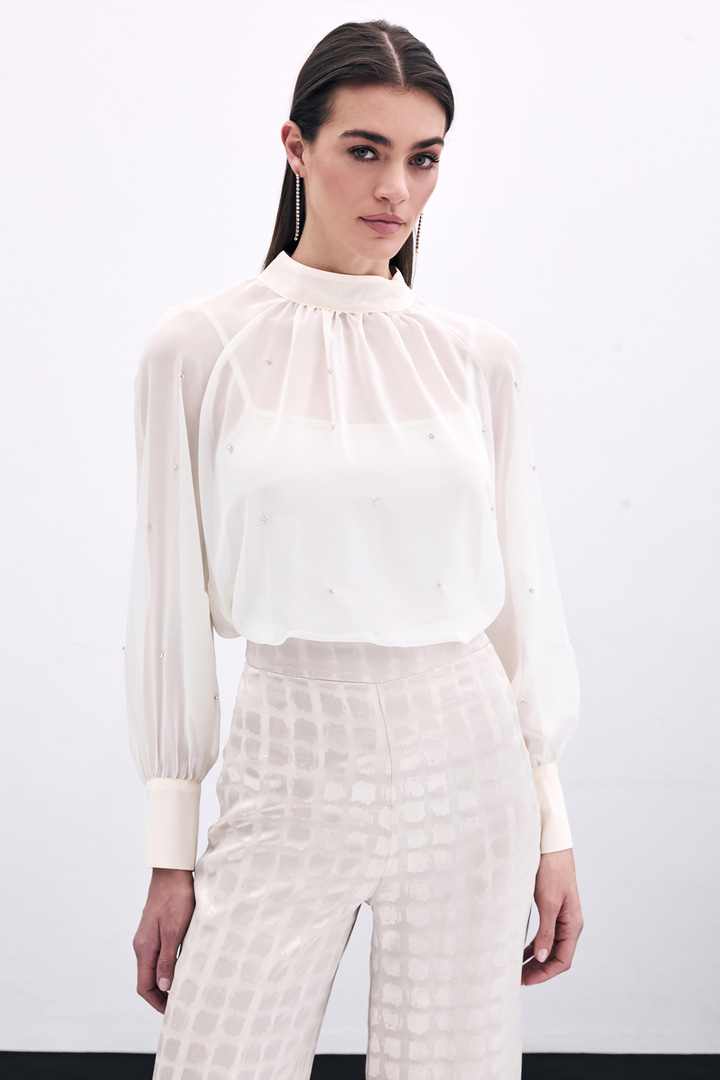 Taş Detaylı Transparan Bluz - Krem