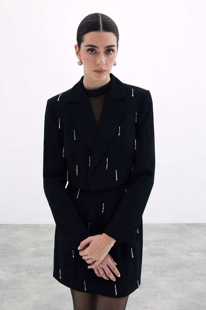 Taşlı Kısa Ceket - Siyah