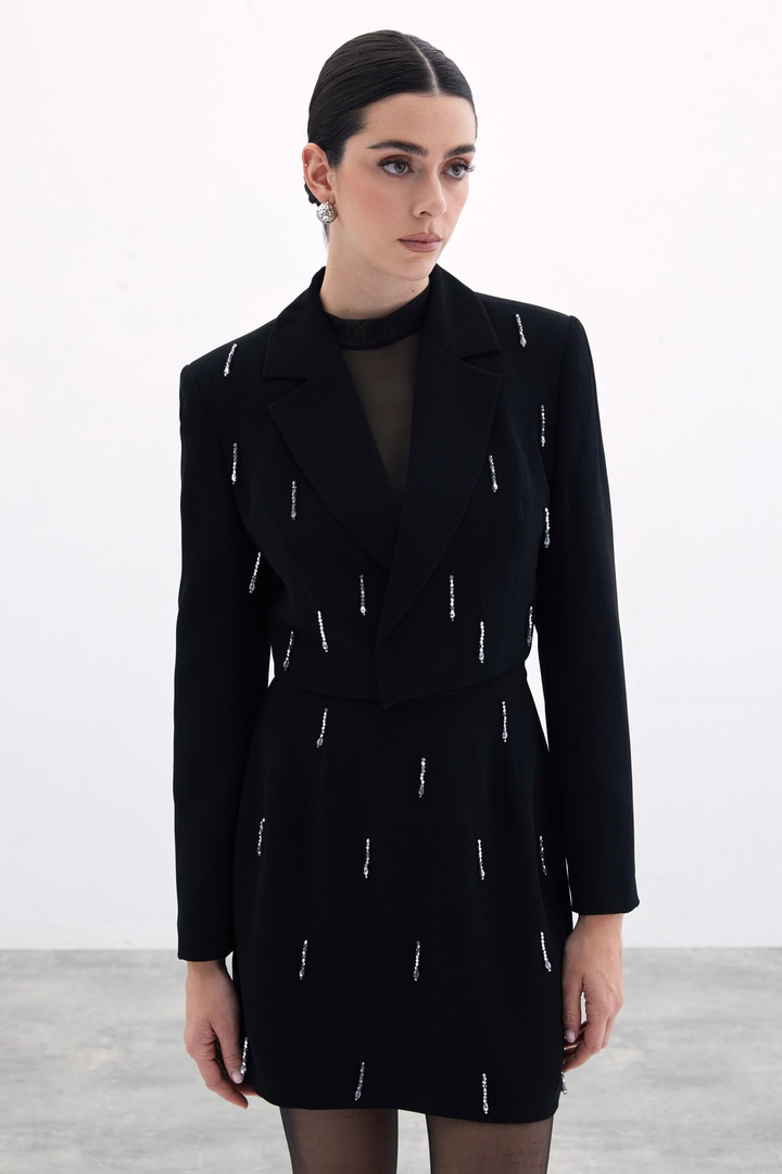 Taşlı Kısa Ceket - Siyah
