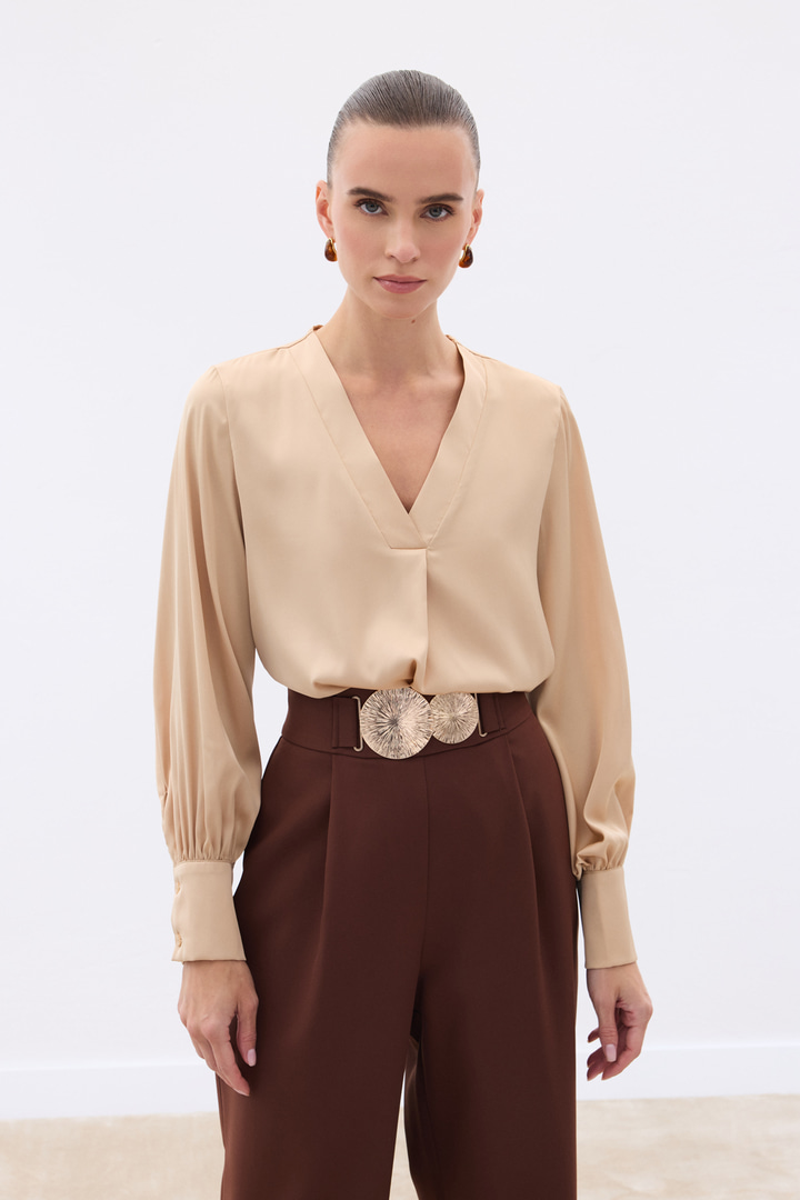 V Yaka Saten Bluz - CAMEL