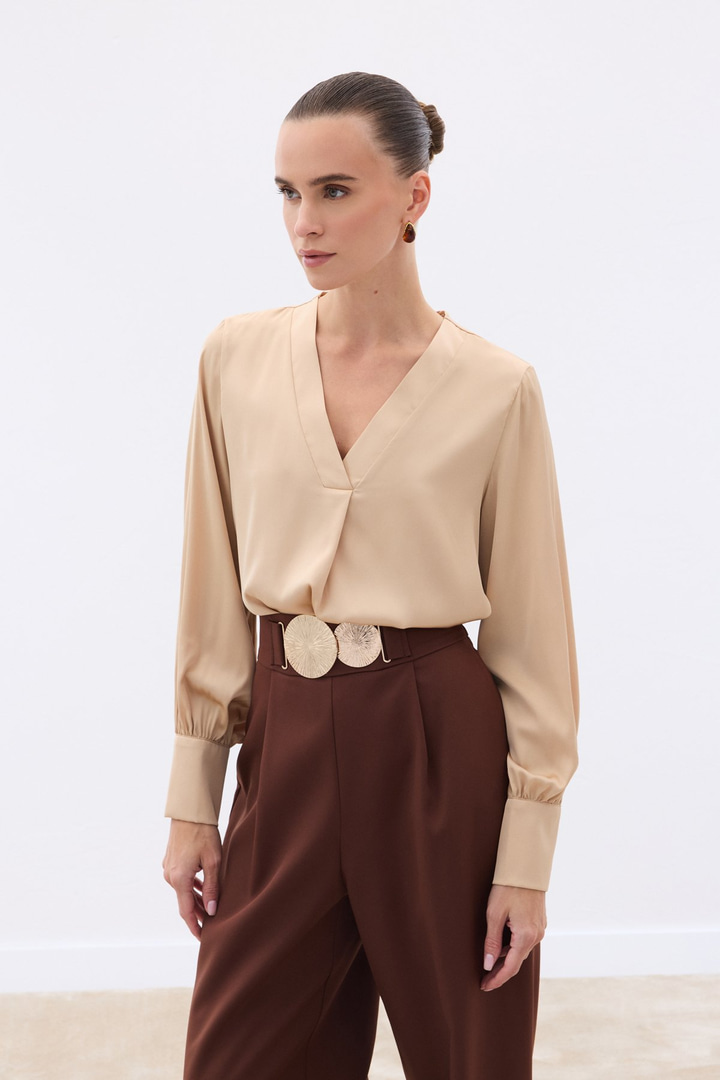 V Yaka Saten Bluz - CAMEL