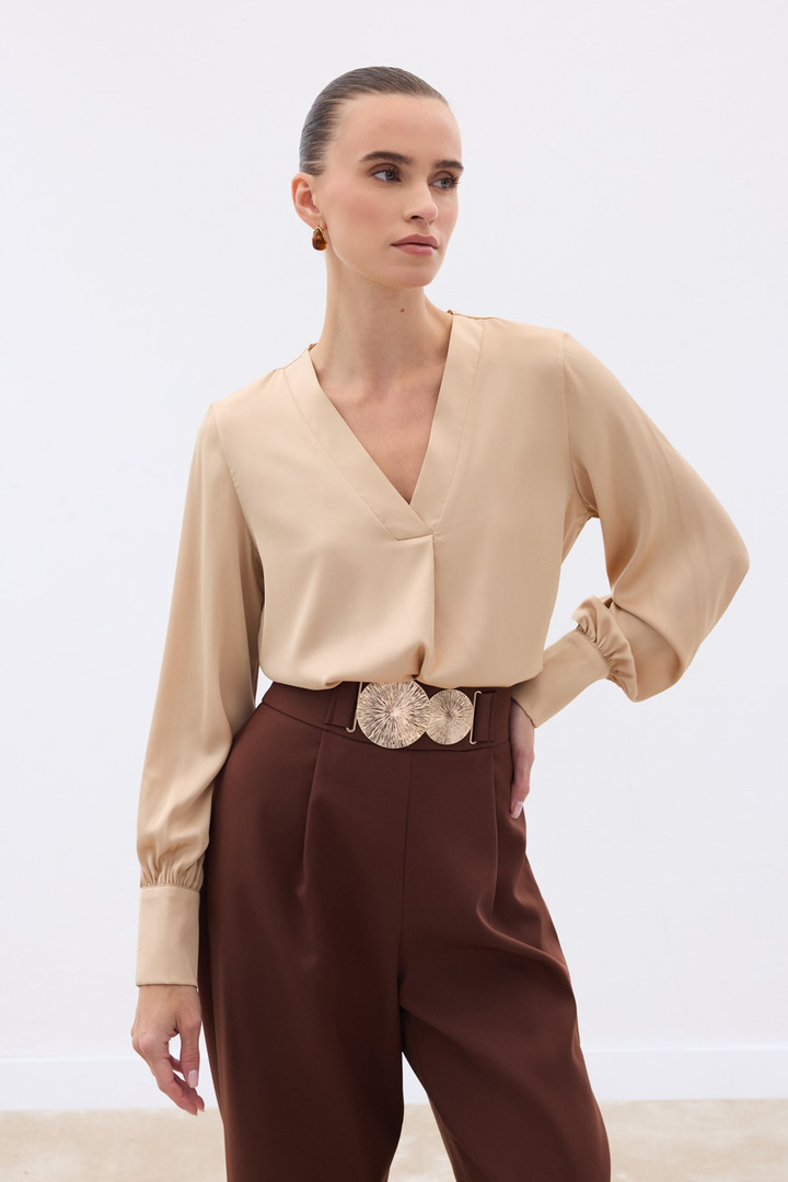 V Yaka Saten Bluz - CAMEL