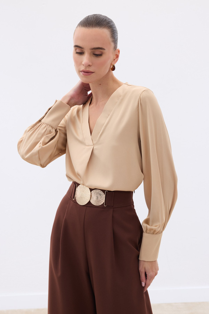 V Yaka Saten Bluz - CAMEL