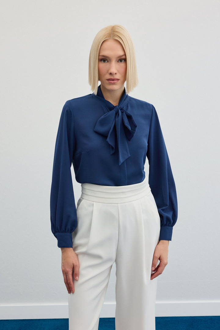 Yakası Bağlamalı Düz Gömlek - İndigo