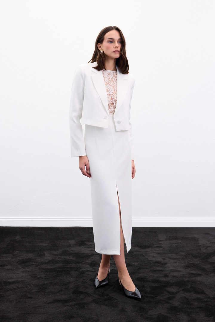 Yırtmaçlı Midi  Etek - Ekru