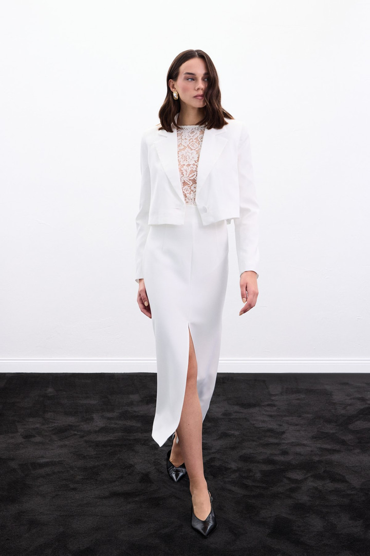 Yırtmaçlı Midi  Etek - Ekru