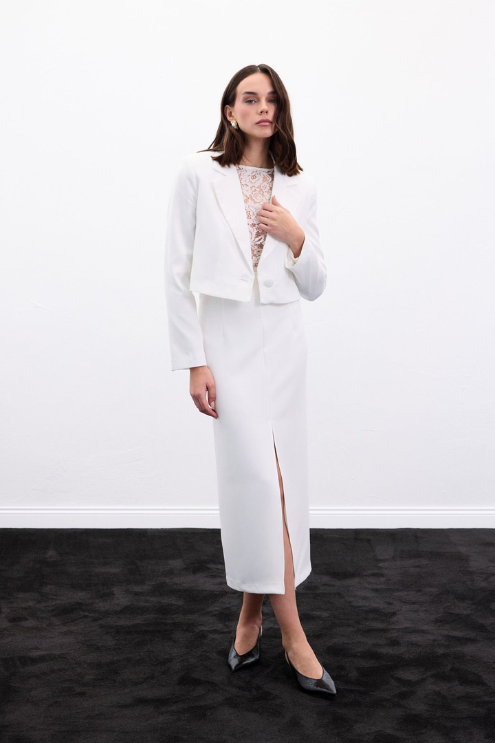 Yırtmaçlı Midi  Etek - Ekru