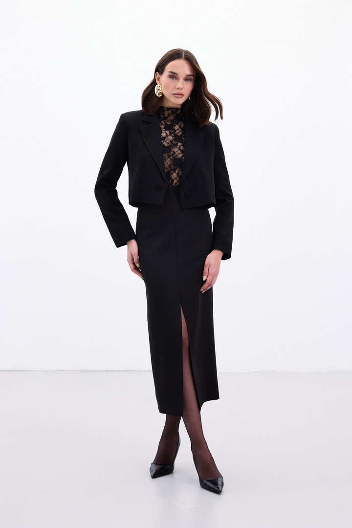 Yırtmaçlı Midi  Etek - Siyah