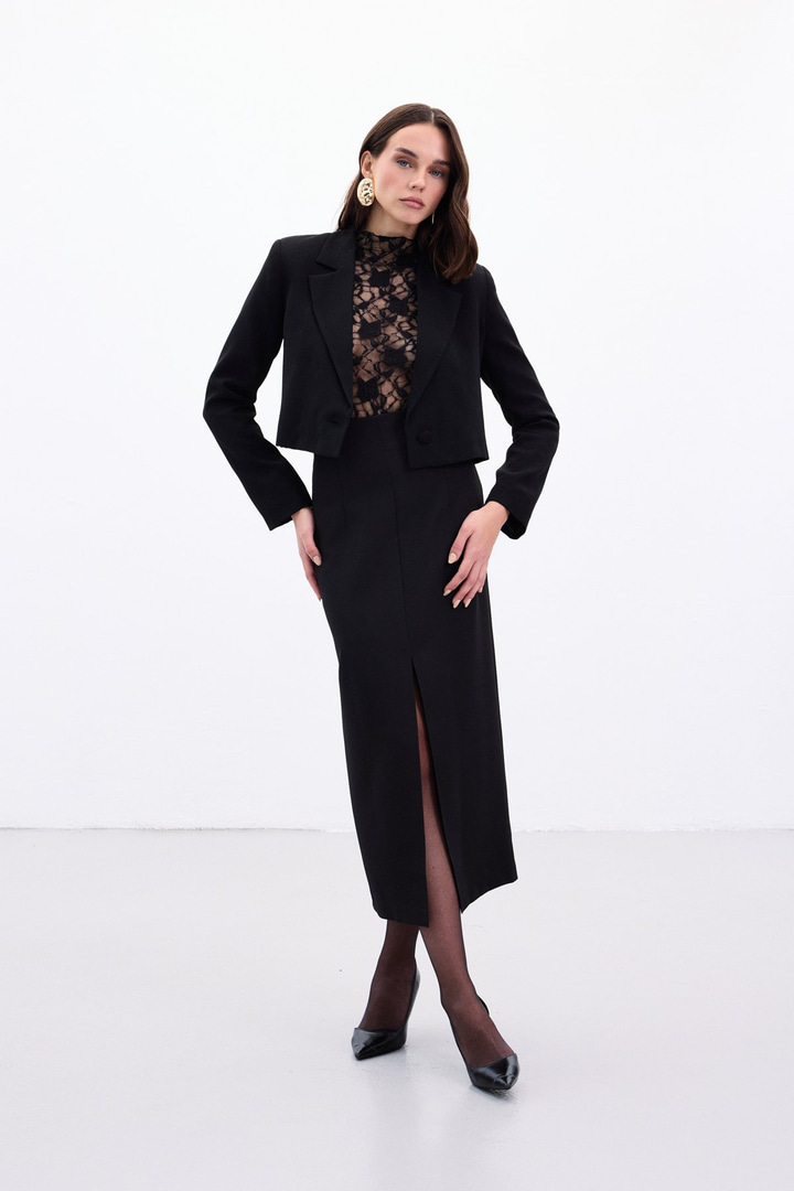 Yırtmaçlı Midi  Etek - Siyah