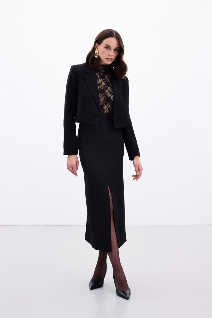 Yırtmaçlı Midi  Etek - Siyah